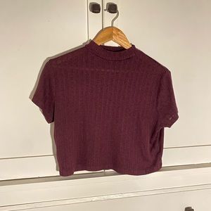 Burgundy, turtle-neck, Cotton-On cropped short sleeve shirt. Marked large.